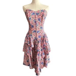 Vintage 80s/90s Rampage Floral Strapless Tiered Mini Dress - Lace Up Back - 5/6